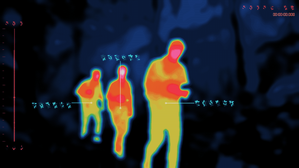 Yautja: soft thermal bands, red HUD, cyan annotations and CRT lines