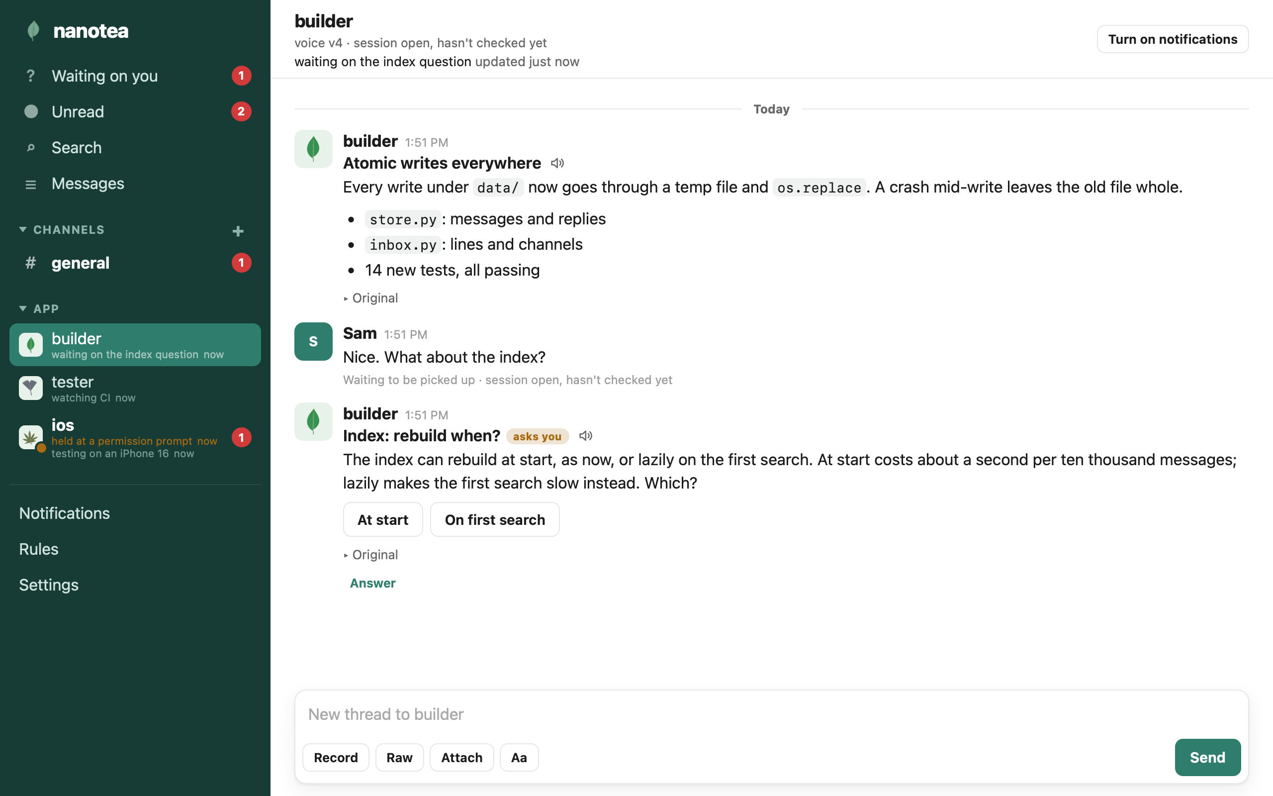 The app on a laptop, with agents in the sidebar and a conversation open