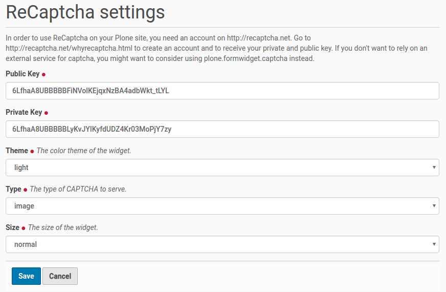 Plone reCAPTCHA control panel