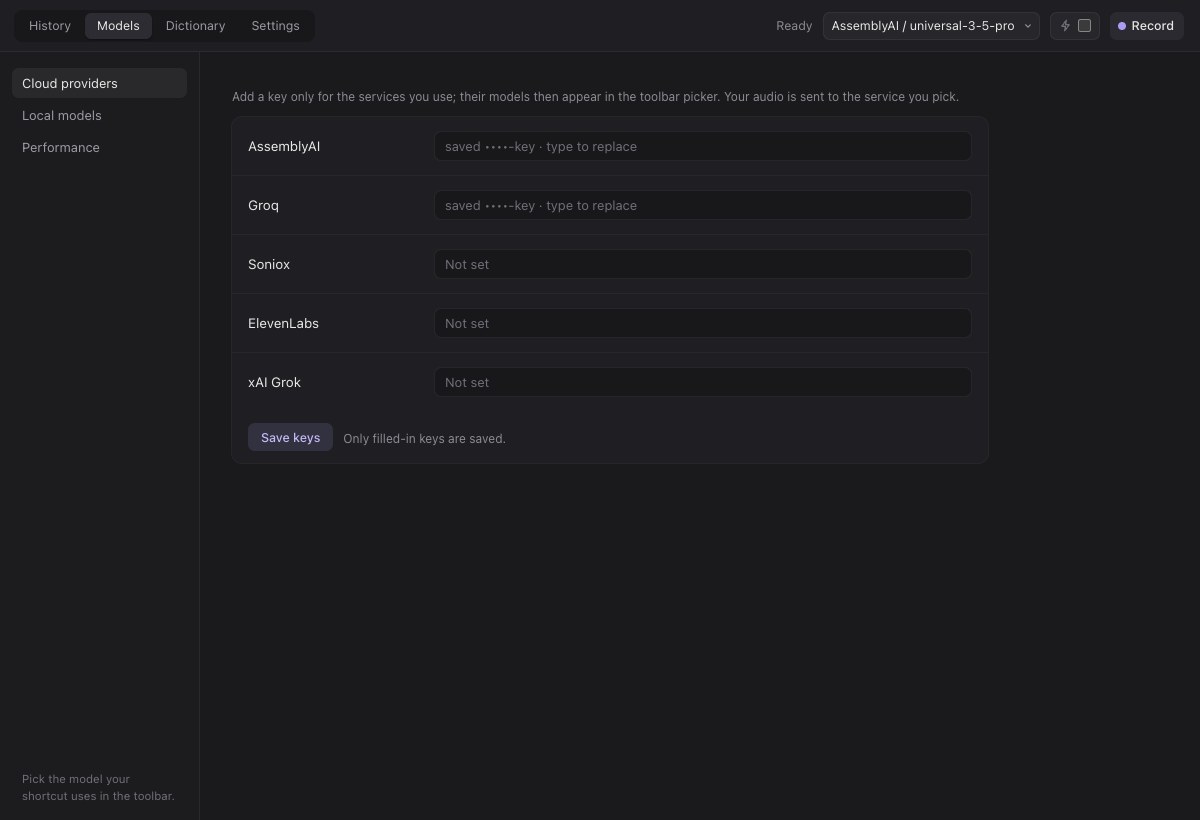 Choose your speech models and configure their keys