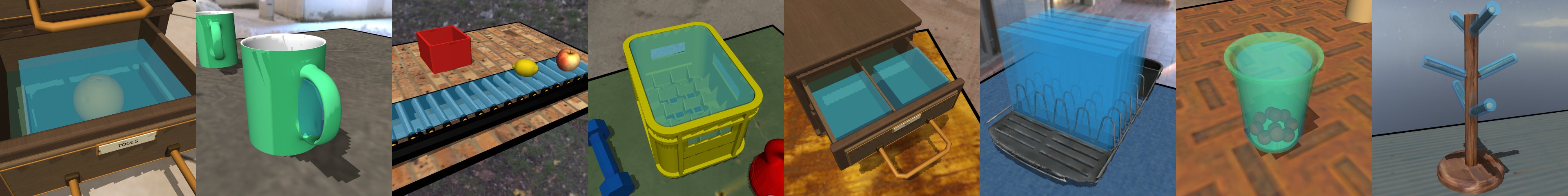 regions: a drawer, a mug handle, a conveyor belt, a crate, the compartments of a tea drawer, the slots of a dish rack, a pouring cup and the pegs of a mug tree