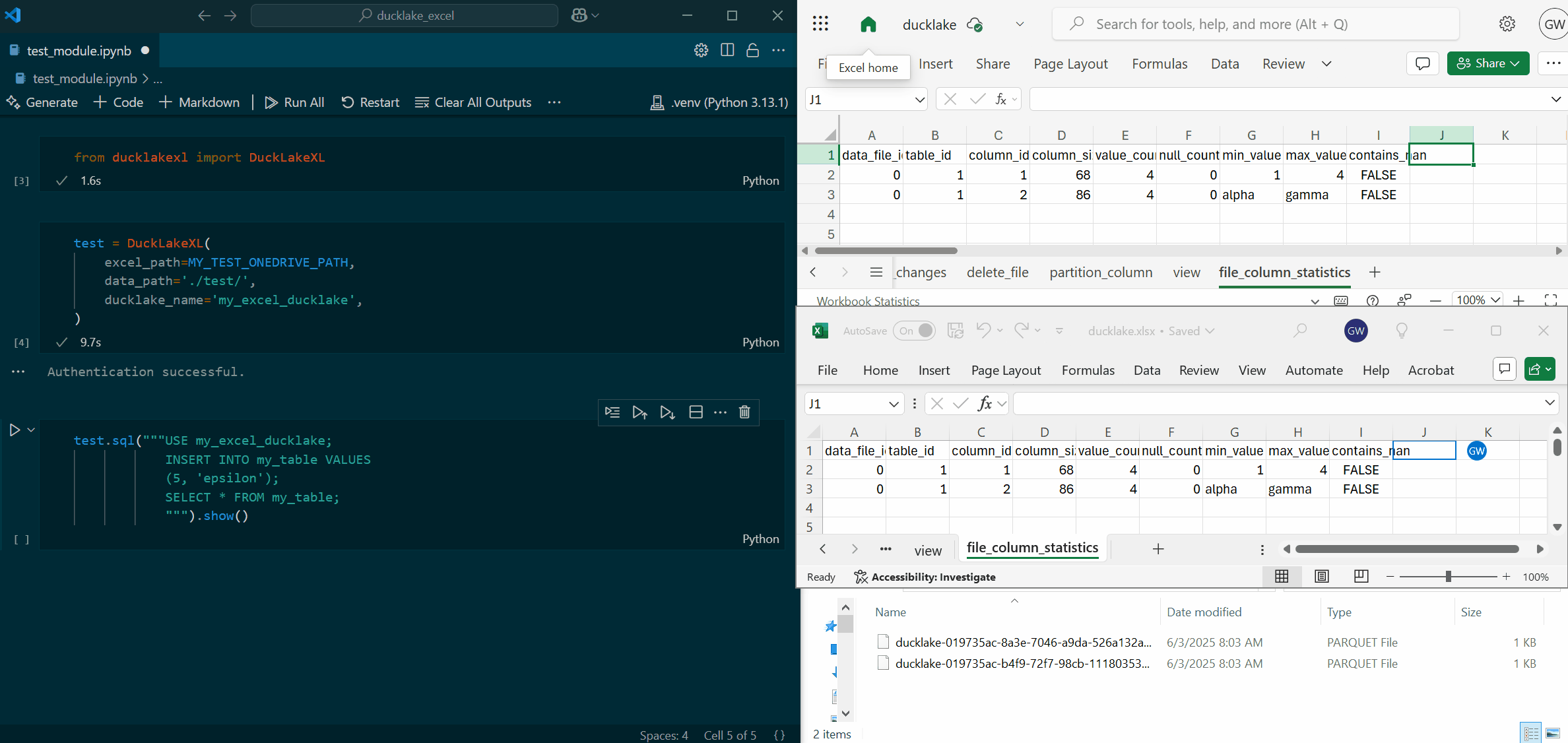 Screen recording showing DuckLakeXL query based on the catalog shown in both OneDrive web UI and via the Excel App, along with the parquet files landing in the file store.