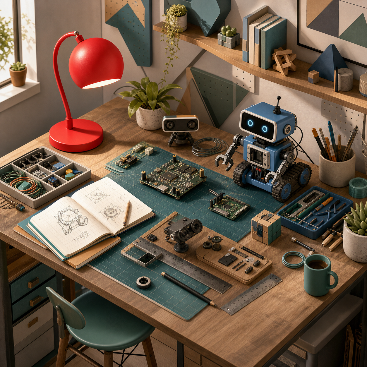 A detailed robotics workbench with a red lamp in the upper-left