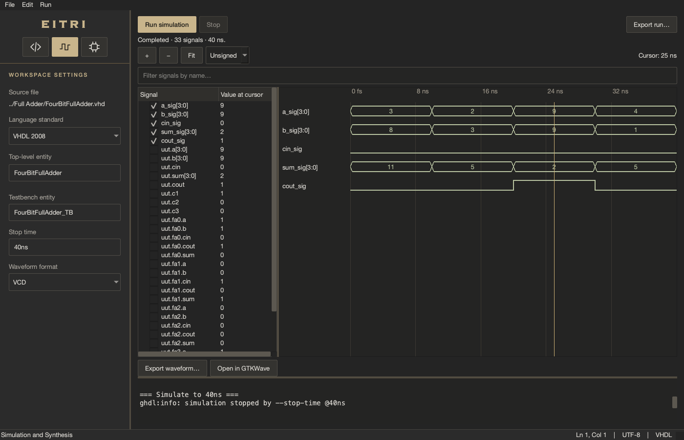 GHDL simulation showing adder inputs, sum and carry