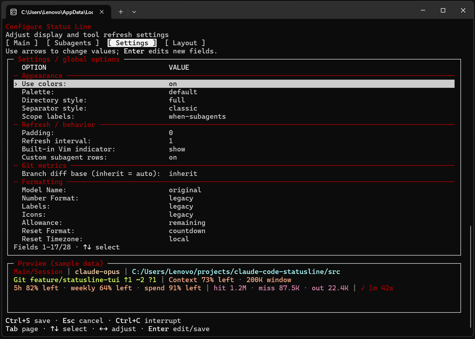 Windows external TUI Settings page with sample preview