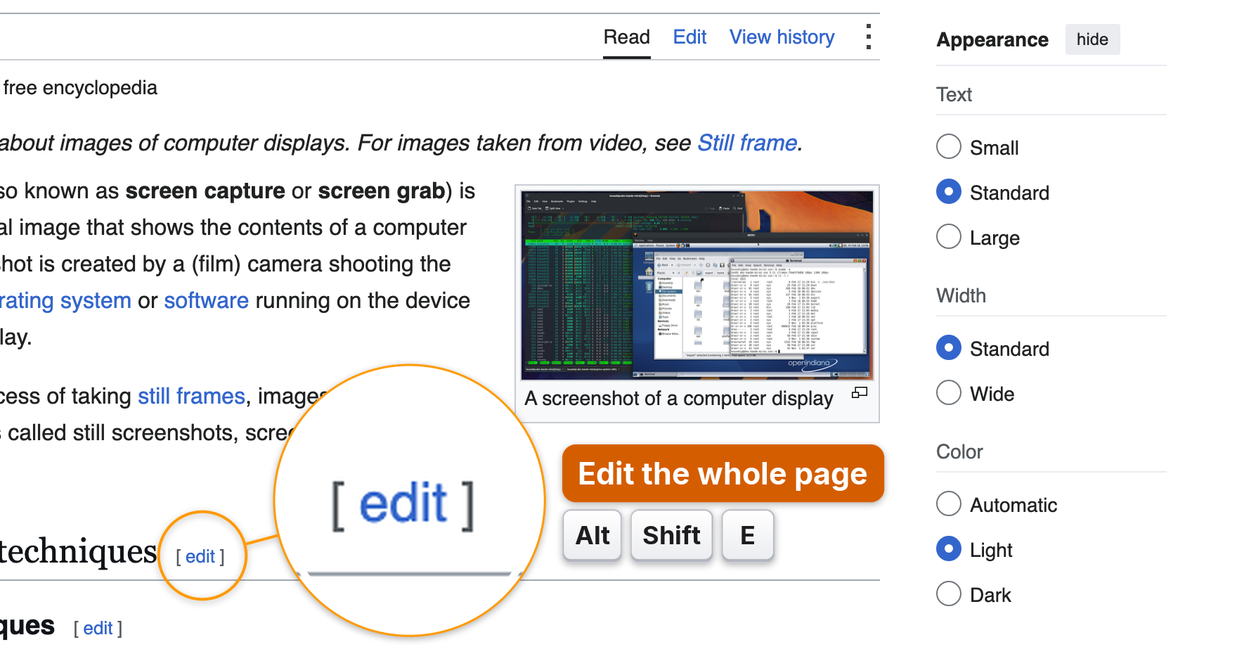 A circular magnifier enlarging a small edit link, next to keycaps for Alt Shift E