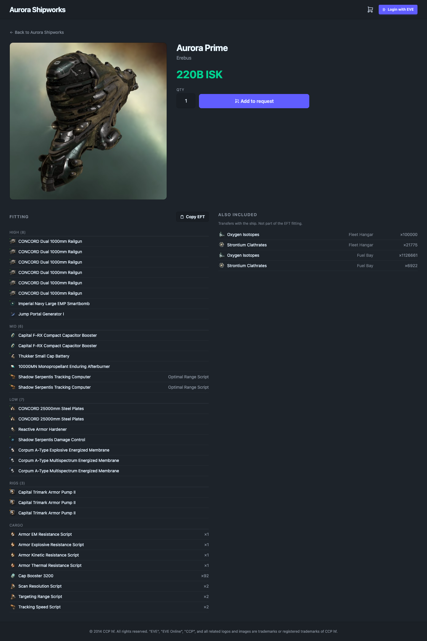 A fitted ship's detail page — the reconstructed fit, the "Also included" manifest, and Copy EFT