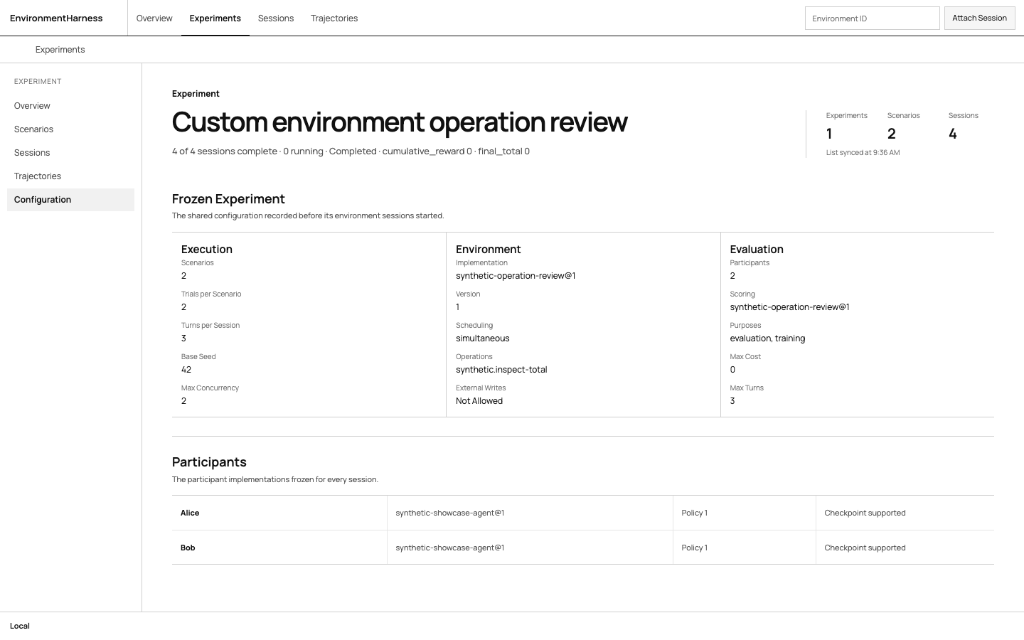 EnvironmentHarness experiment page showing frozen execution, environment, evaluation, and participant configuration