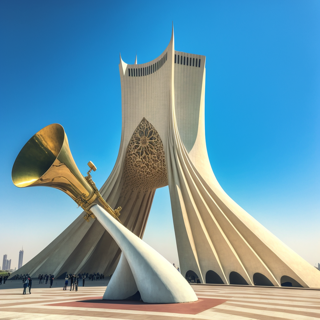 Tehran Azadi Tower playing a 
        Trumpet. Generated by midjourney generative AI.