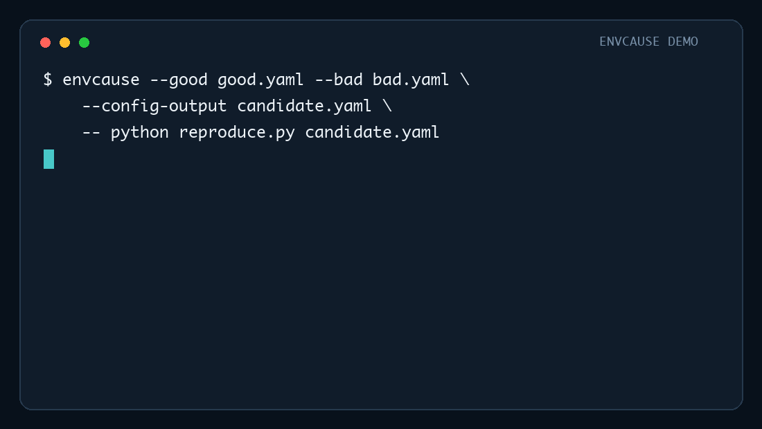 EnvCause reduces nested YAML paths to the two changes that reproduce a failure