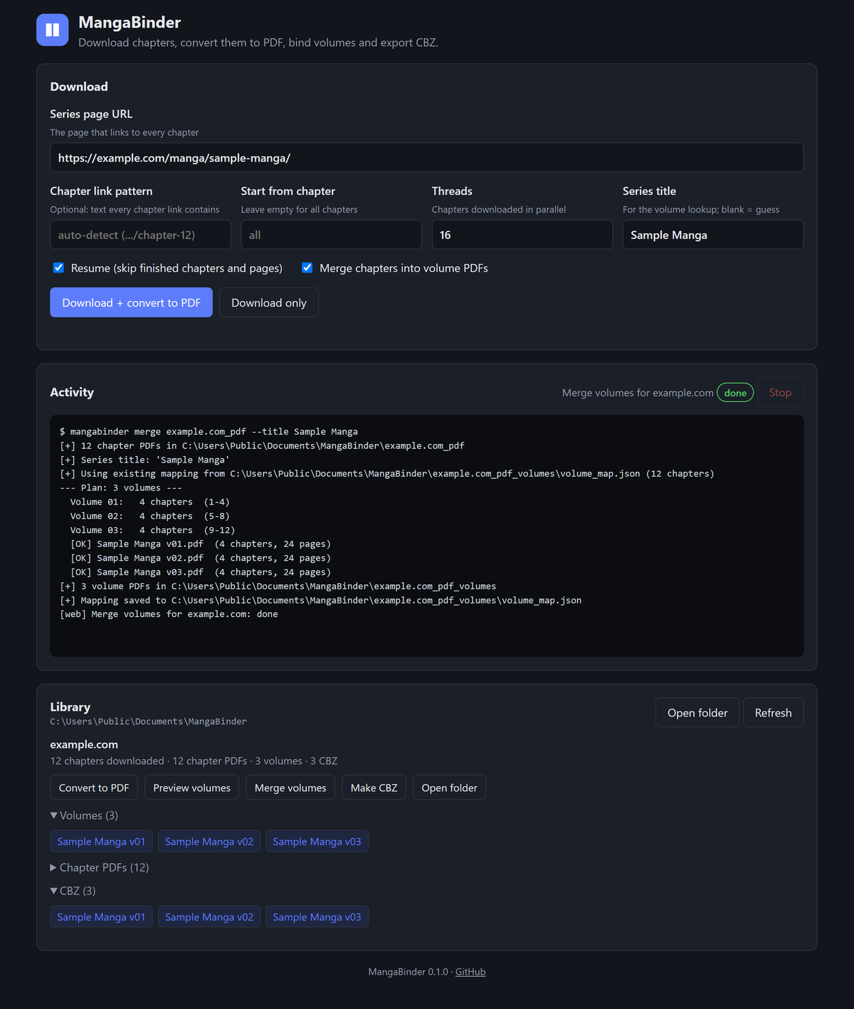 MangaBinder in dark mode