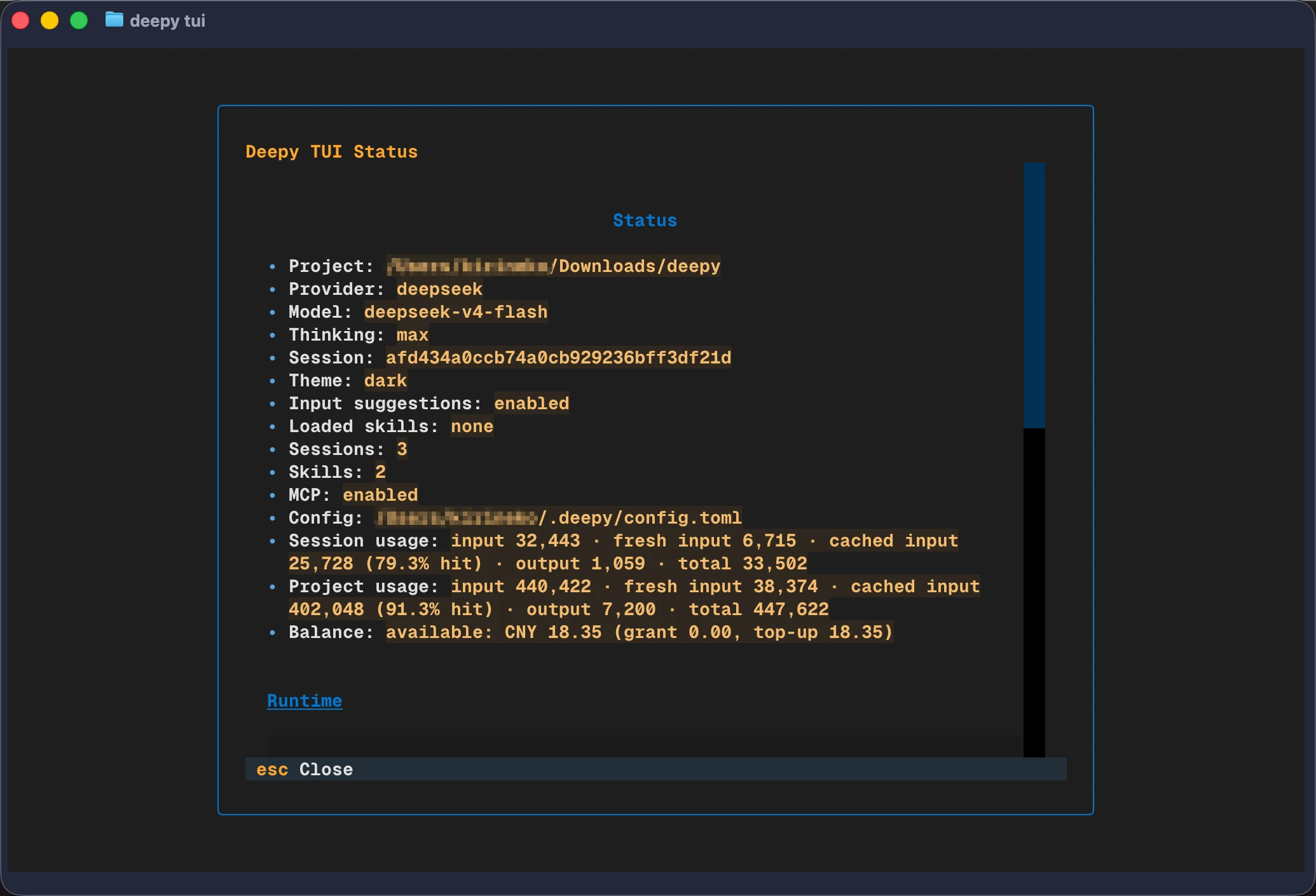 Deepy TUI status panel