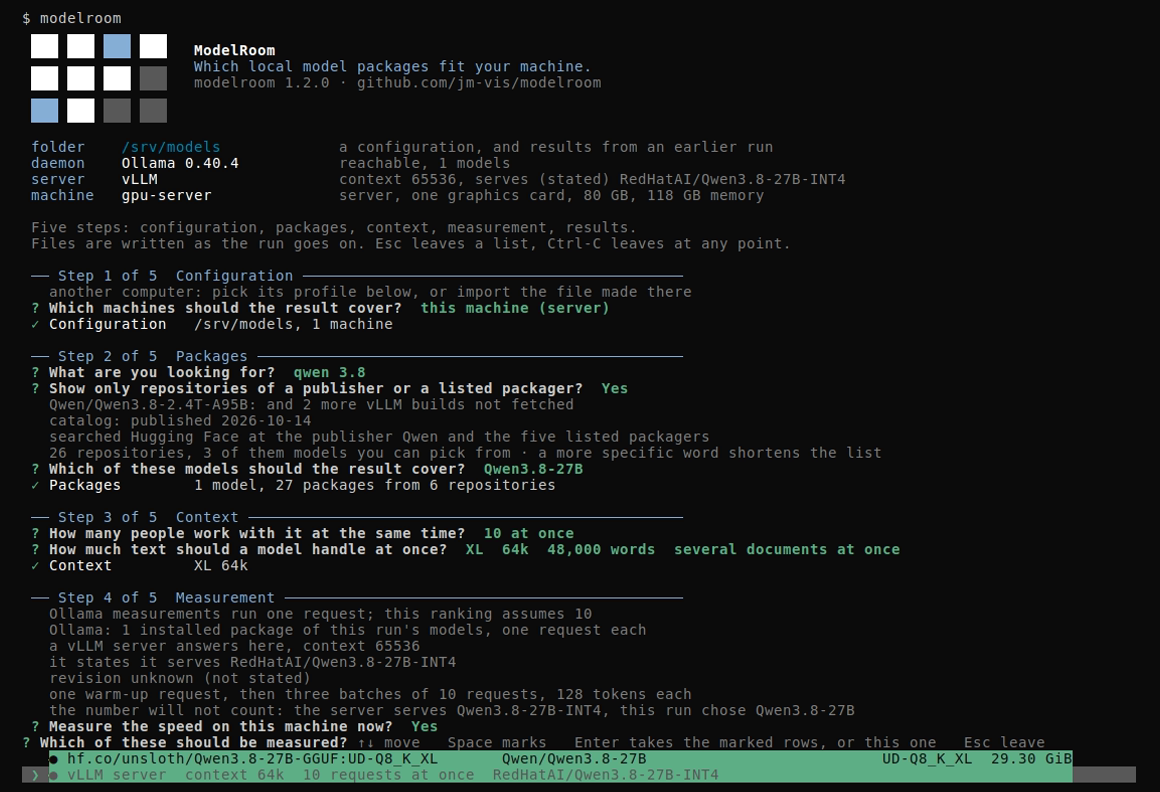 Step 4: what each server has, and the list of what to measure, with the pulled Ollama package and the vLLM server both marked