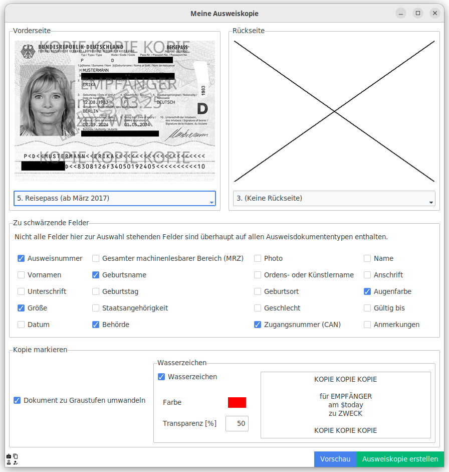 Gleiches Programm, die Felder im Pass sind nun geschwärzt, außerdem ist er schwarz-weiß und mit einem Wasserzeichen versehen.