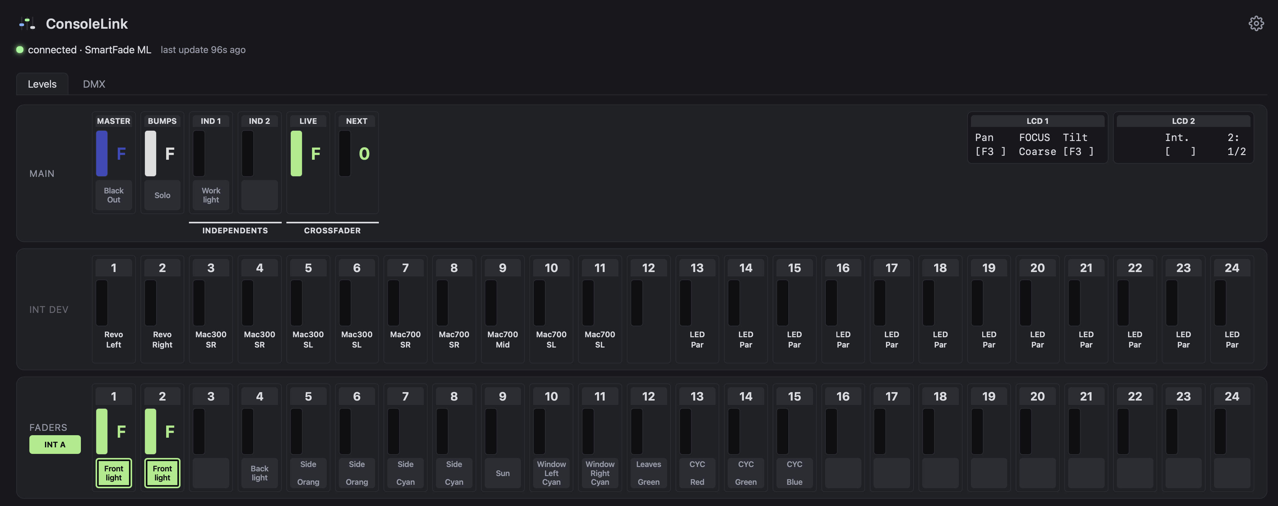 consolelink web app on a desktop browser: Master, Bumps, Independents, Crossfader and both LCDs on top, then the INT A, INT B and INT DEV intensity rows and the 24 physical faders