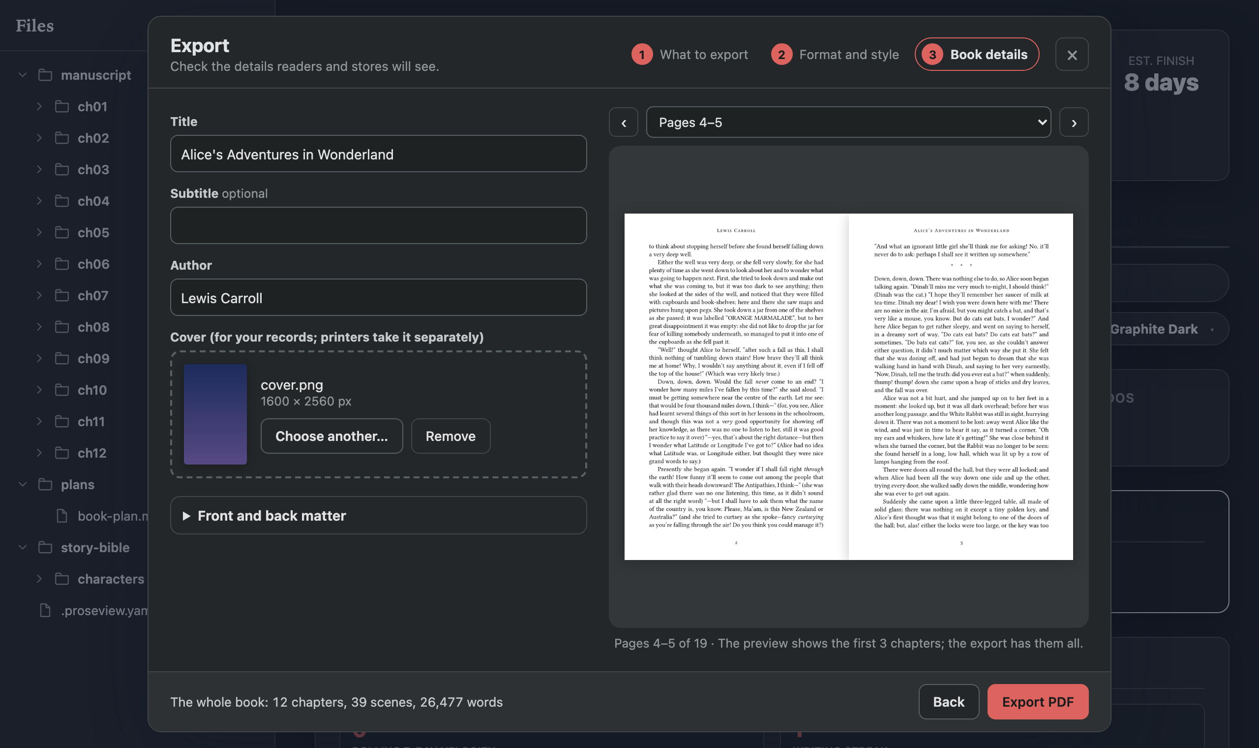 The Export dialog's third step: title, author and cover beside a preview of the print book showing two facing pages with running heads and page numbers