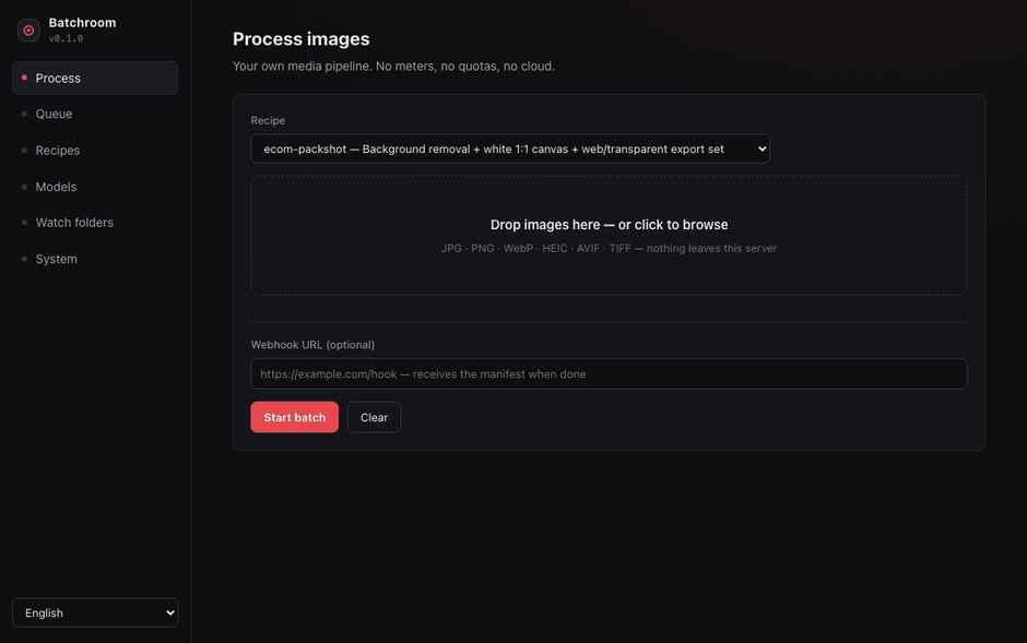 Batchroom demo: drop images, pick a recipe, watch the queue, compare before/after
