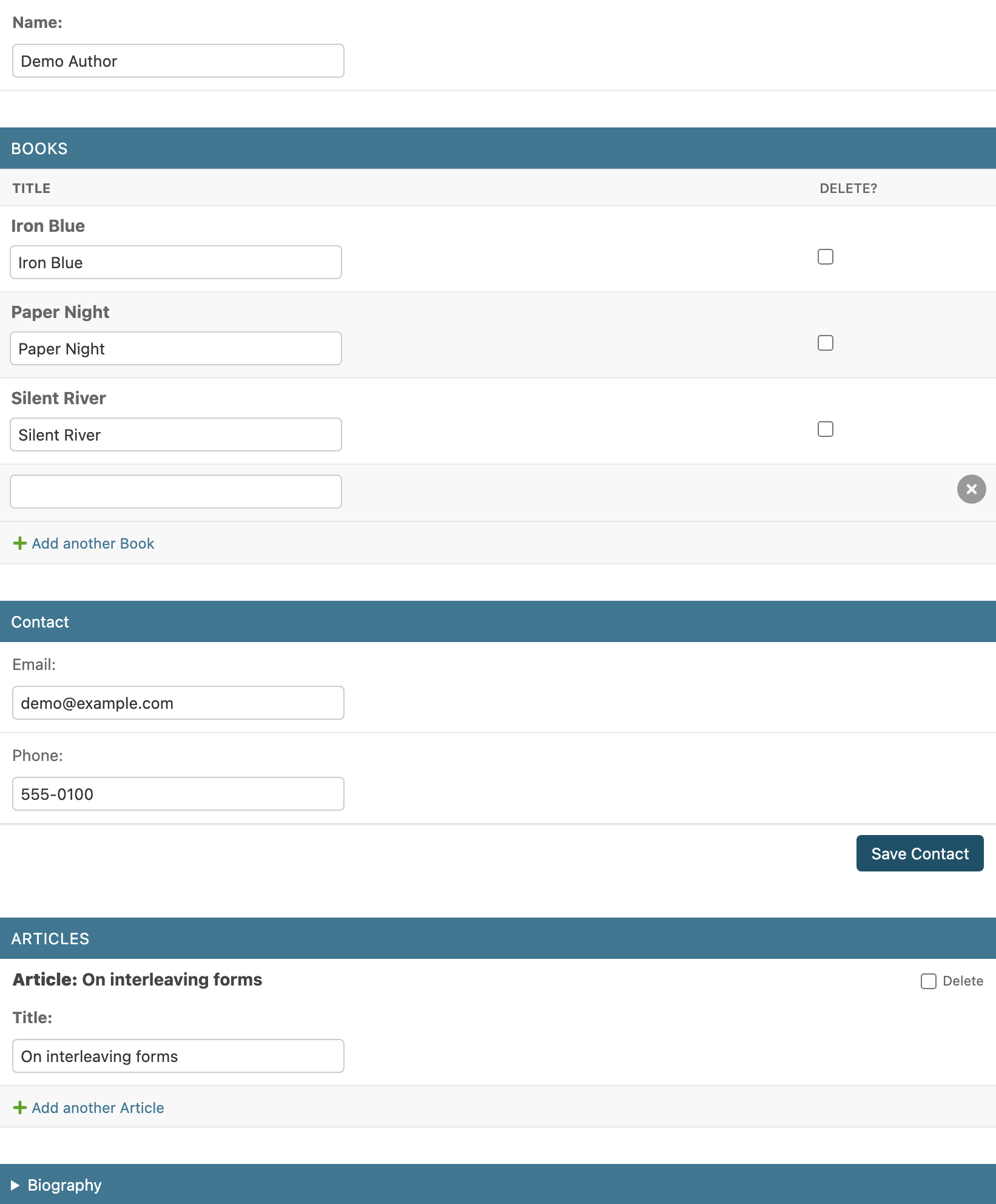 Books inline between the name and the contact fieldset, articles before the biography
