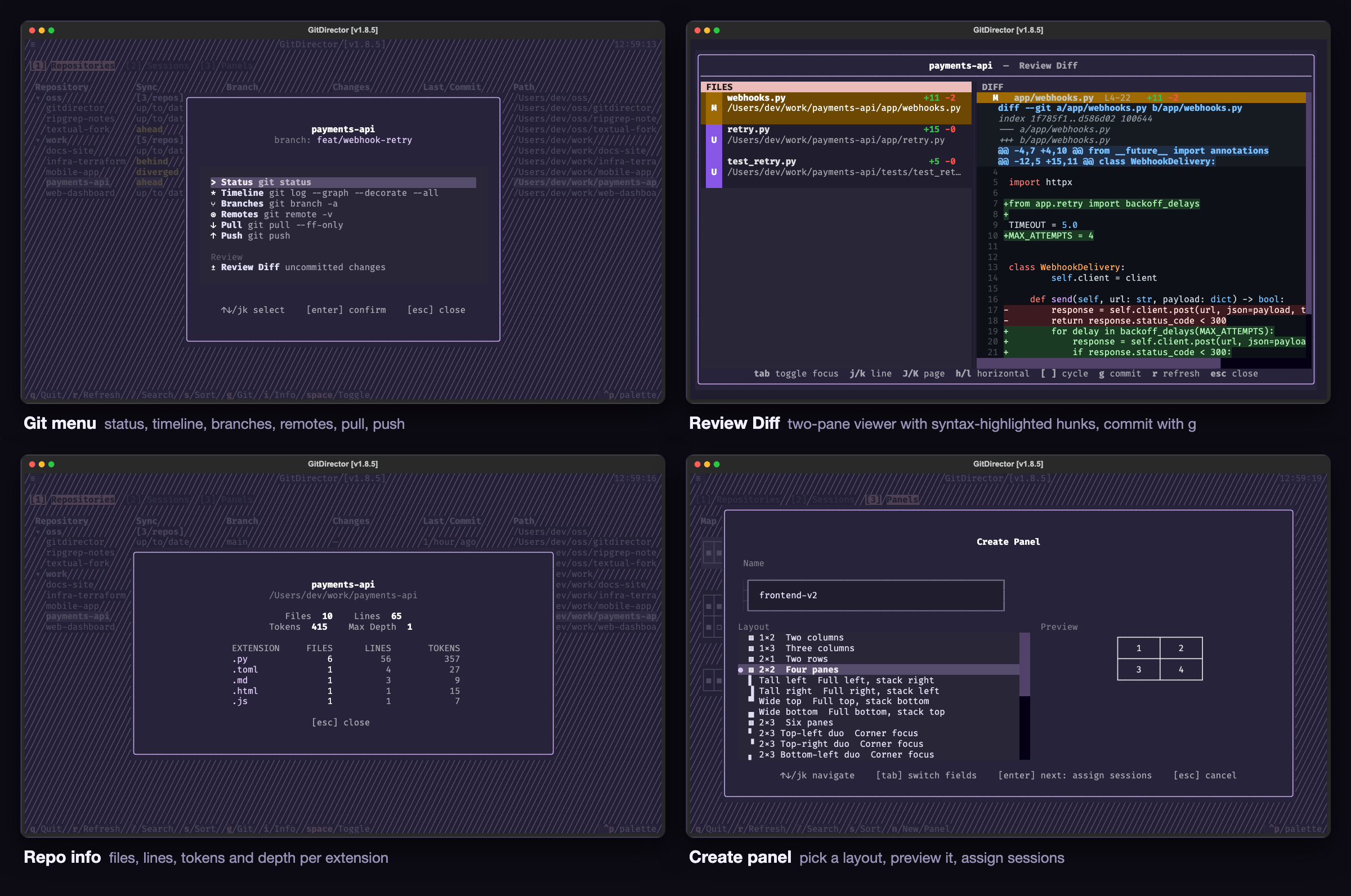 GitDirector features: git menu, diff review, repo info, and panel creation