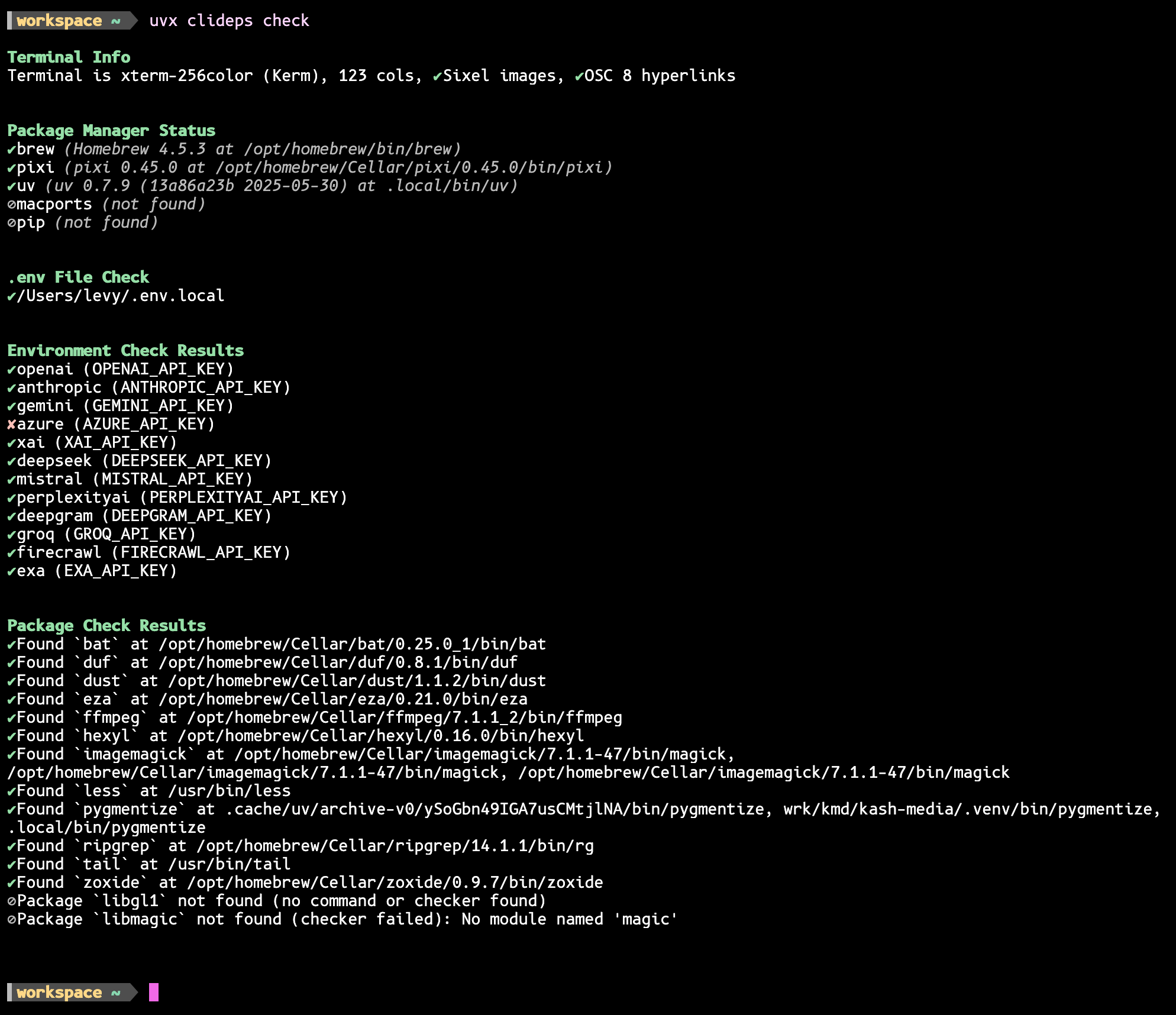 output of uvx clideps check