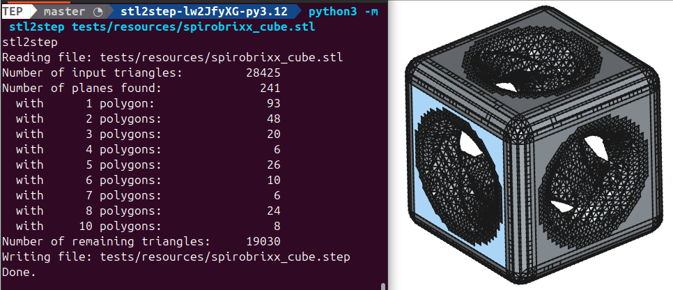 screenshot of the output step file imported into FreeCAD and the conversion log
