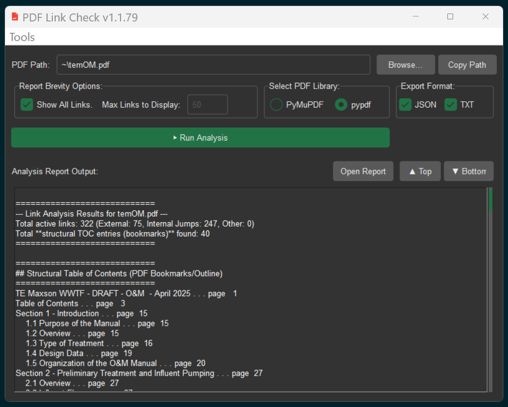 Screenshot of the pdflinkcheck GUI