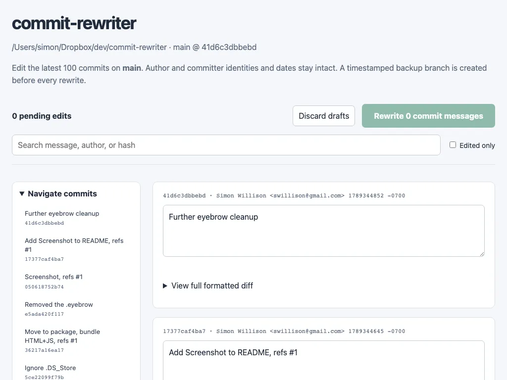 Screenshot of the commit-rewriter web interface. A heading reads commit-rewriter above the repository path and current branch and commit hash, with a short description of the tool. A toolbar shows a pending edits count with Discard drafts and Rewrite commit messages buttons, followed by a search box for message, author, or hash and an Edited only checkbox. A left sidebar titled Navigate commits lists recent commit messages with their short hashes. The main panel shows a card for each commit with its hash, author and timestamp, an editable text area containing the commit message, and a View full formatted diff toggle.