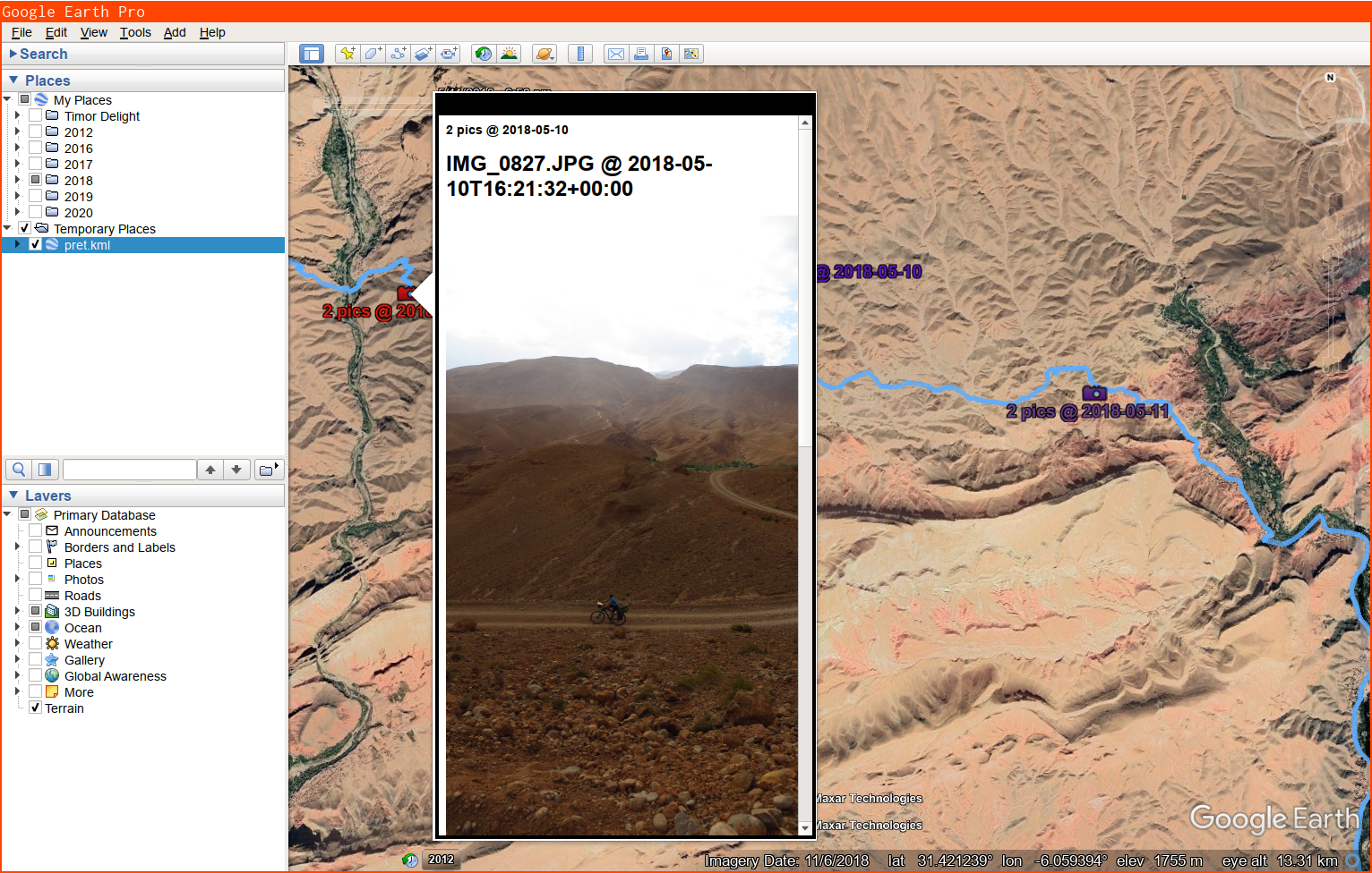 A photokml-generated KML file loaded up in Google Earth