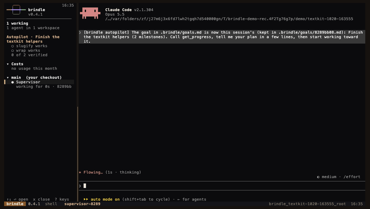 brindle demo: a supervisor splits a goal between two workers, each branch is reviewed and merged, and both milestones turn green once their checks pass