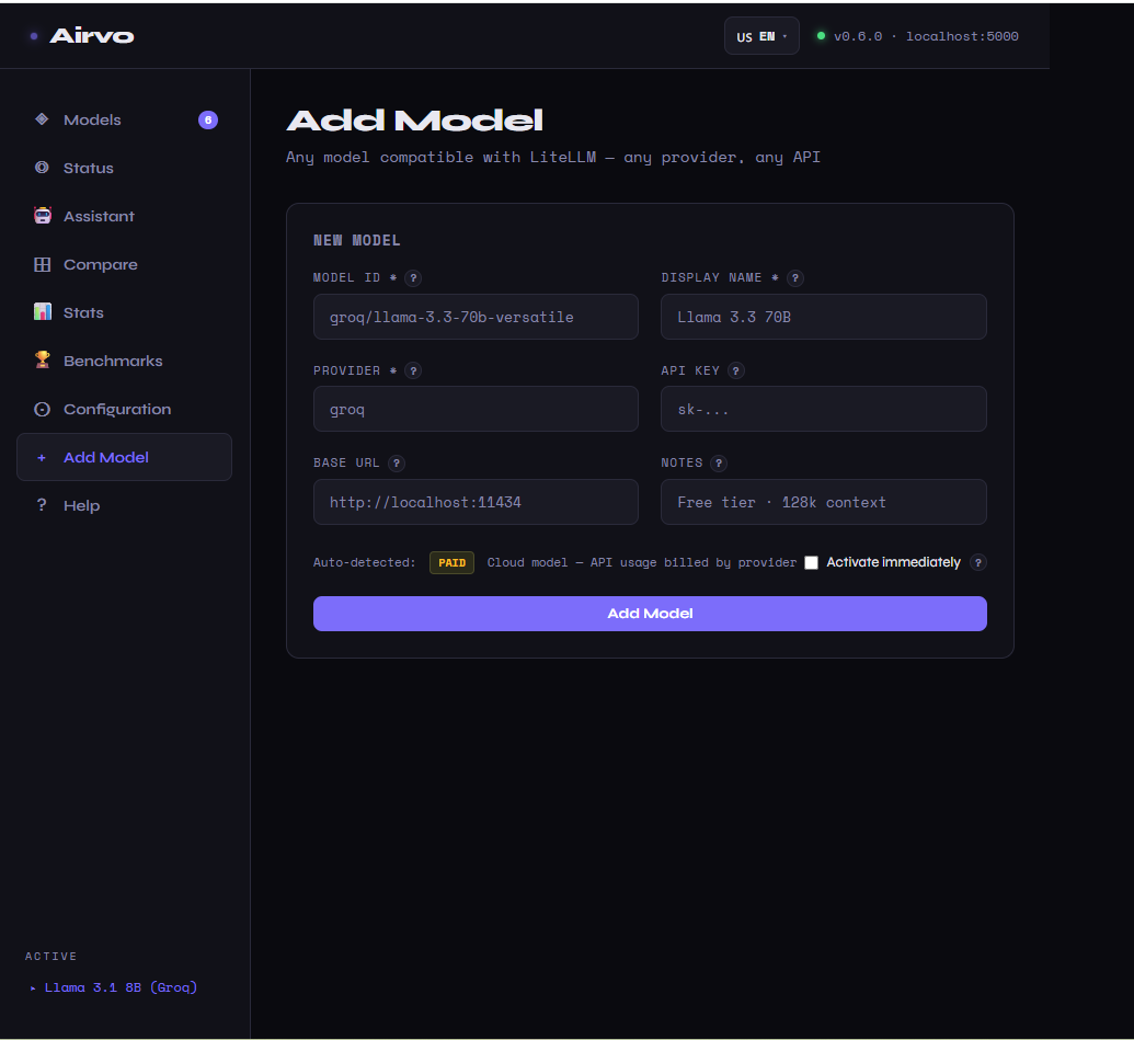 Airvo Dashboard - Add Model