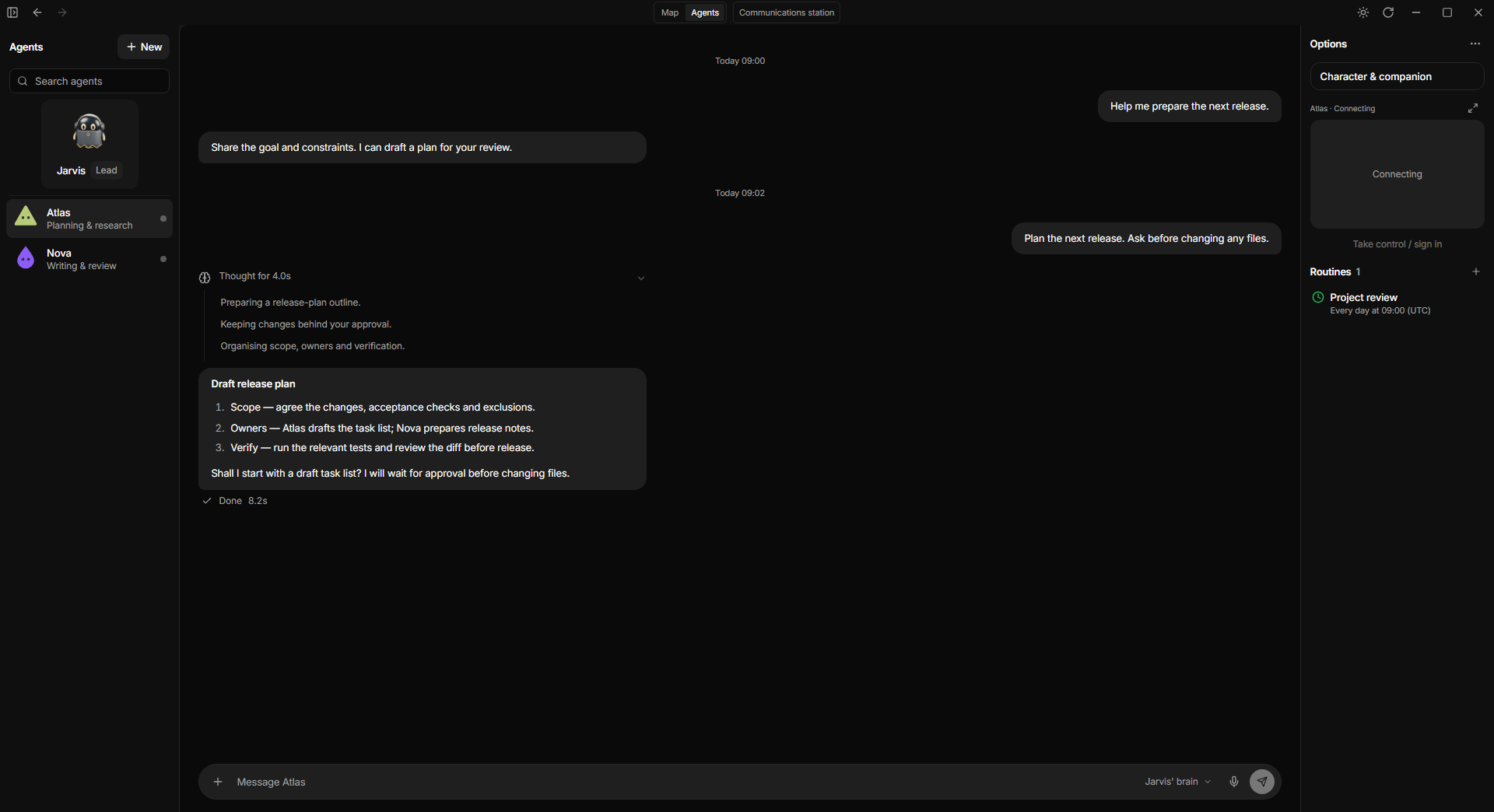 Illustrative Jarvis Agents workspace showing a brief, agent activity, and a resulting plan