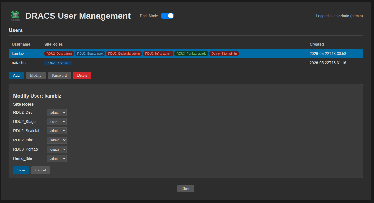 User management panel