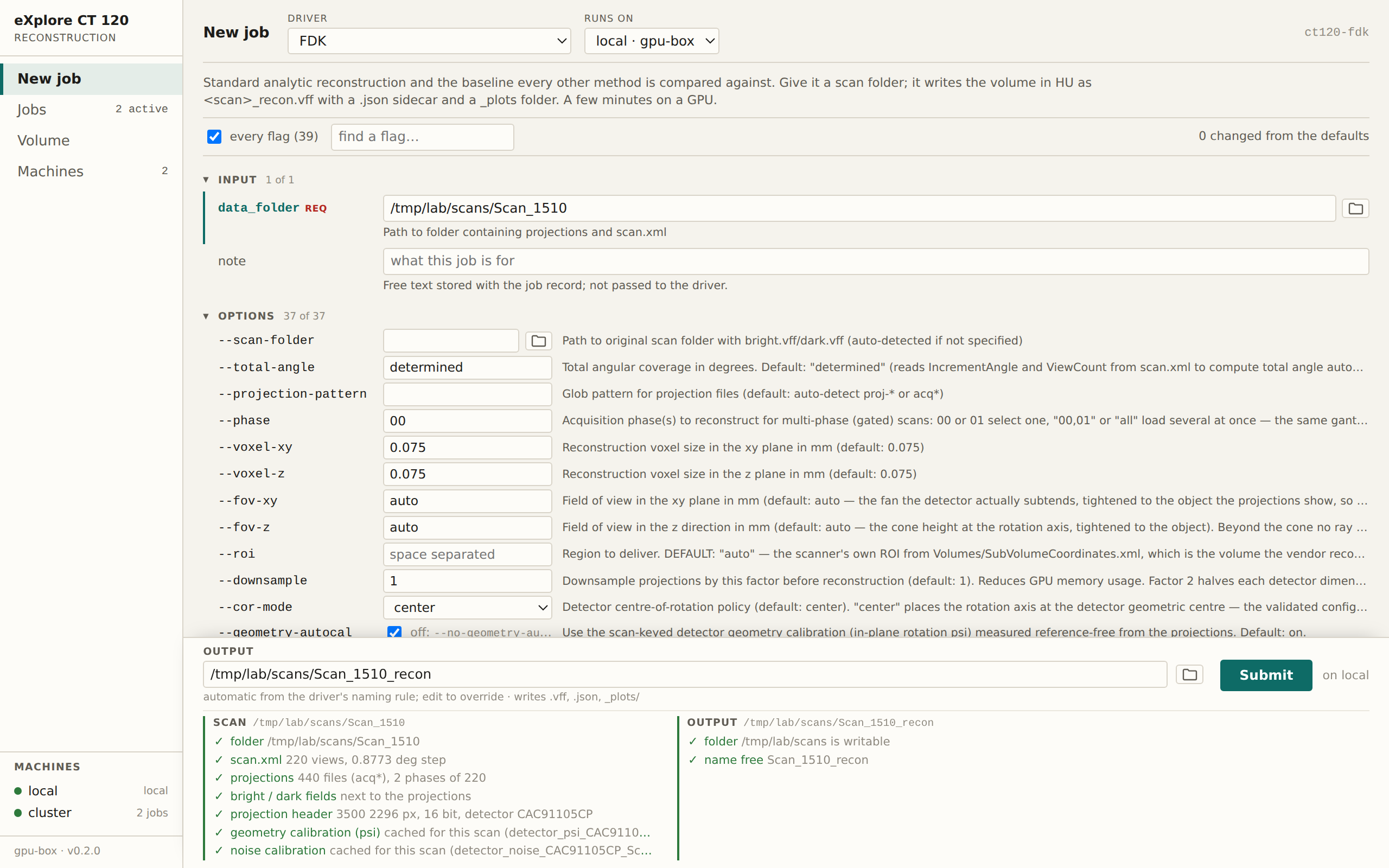 New job: the FDK form with the input checklist and the run bar