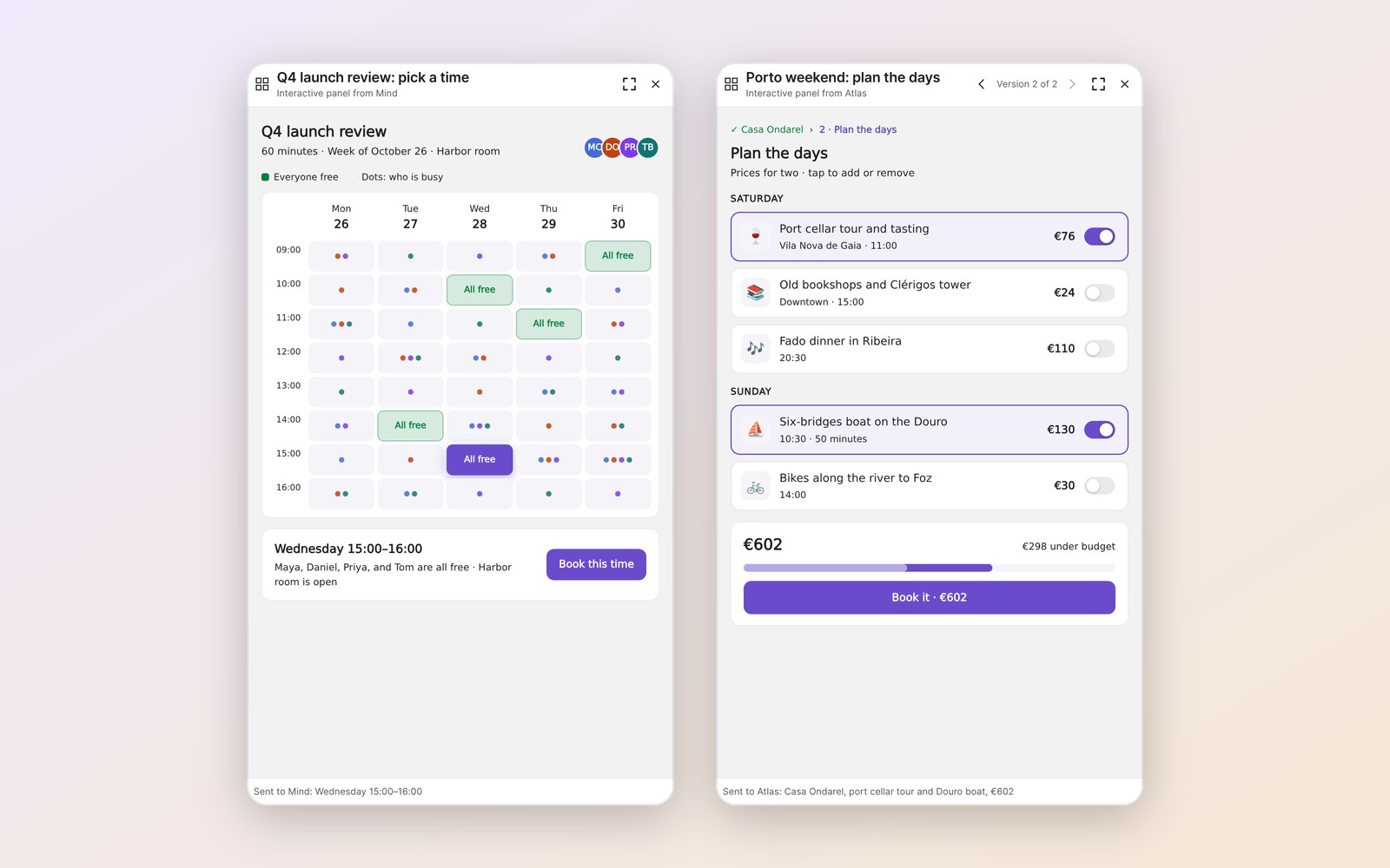 Two agent canvases: a week grid of free meeting slots and a weekend trip planner with a budget