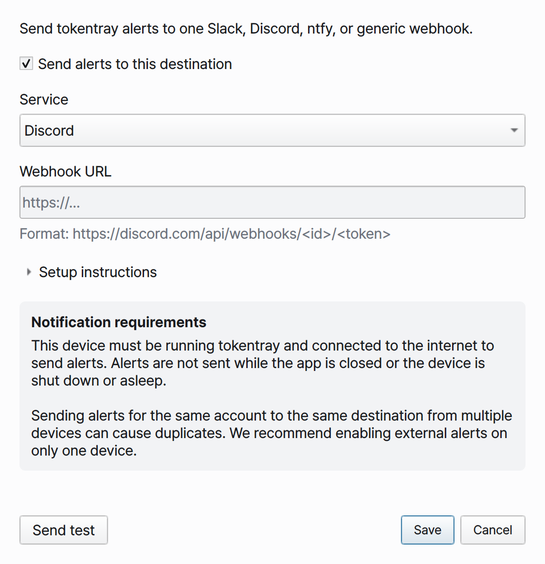 Notification integrations window with a Discord webhook