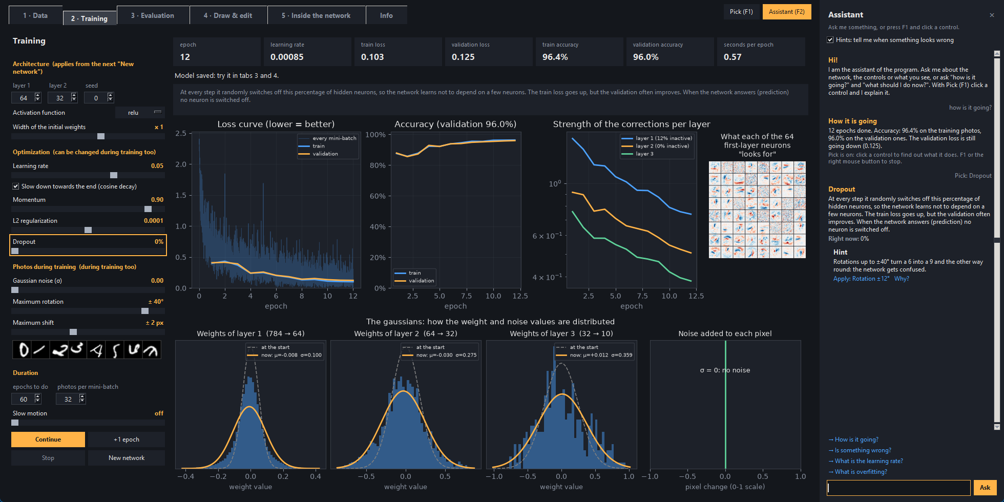 The assistant — the state of the training, Pick on the Dropout control and a hint with its fix