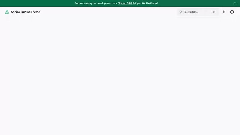 Sphinx Lumina Theme — Quick tour showing light and dark mode, sidebar navigation, content area with code blocks, and table of contents