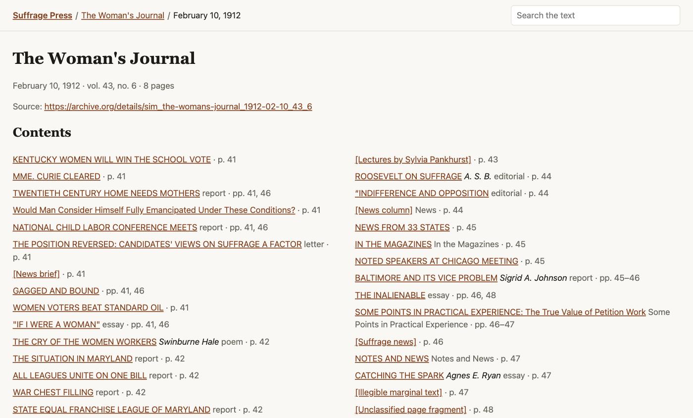 The contents list for an issue of The Woman's Journal, with headlines, bylines, sections and printed page numbers