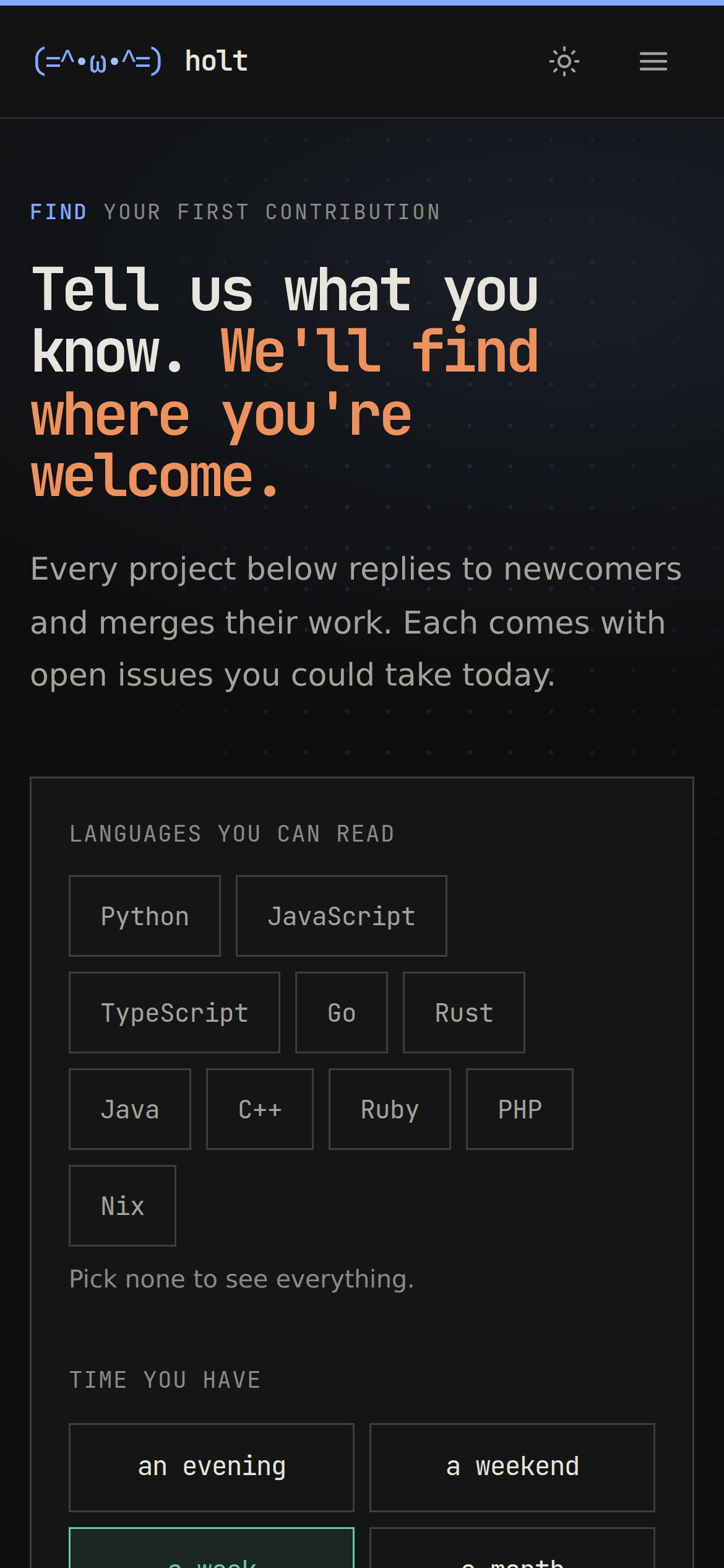 Find a project on a phone: pick languages and time, get welcoming repositories