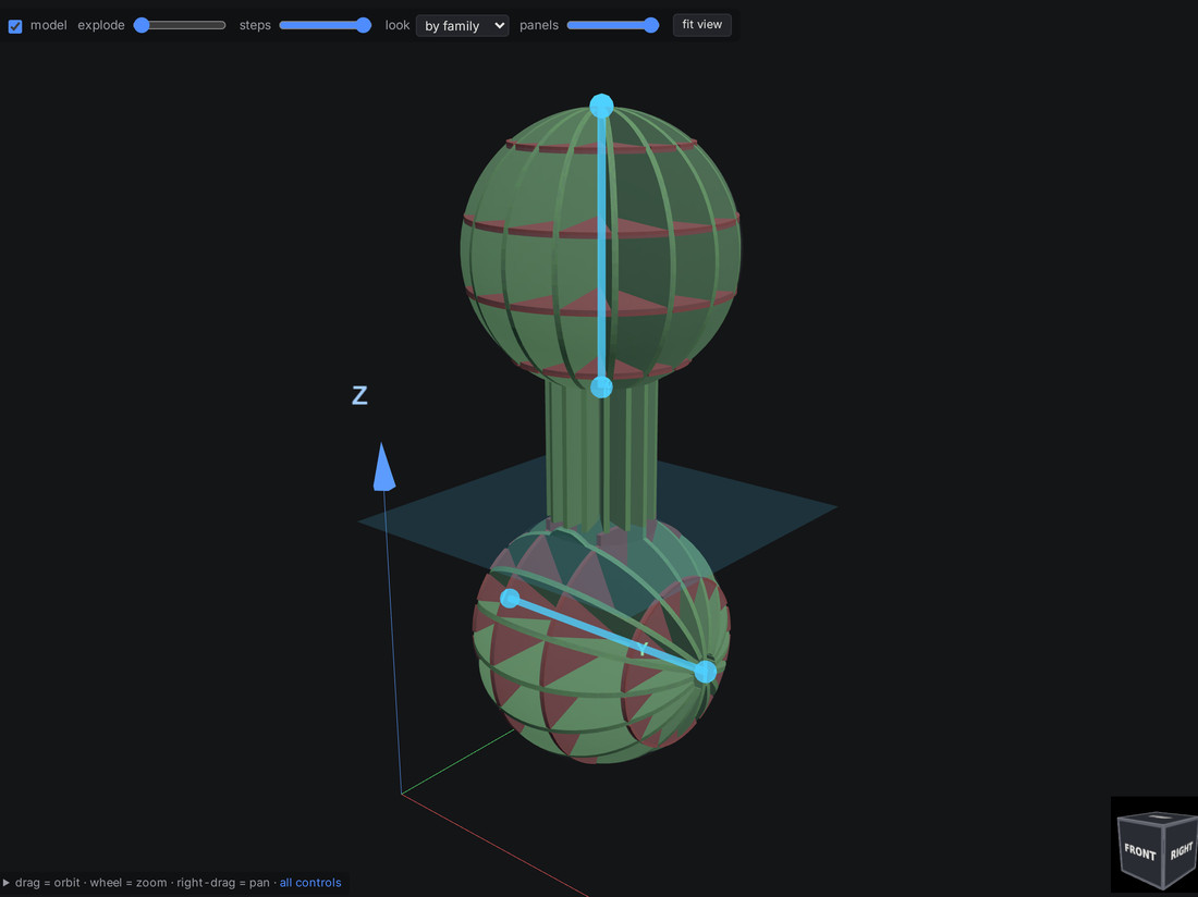 Radial with an axis through each ball of a dumbbell, at right angles to each other, and the plane between them at the neck