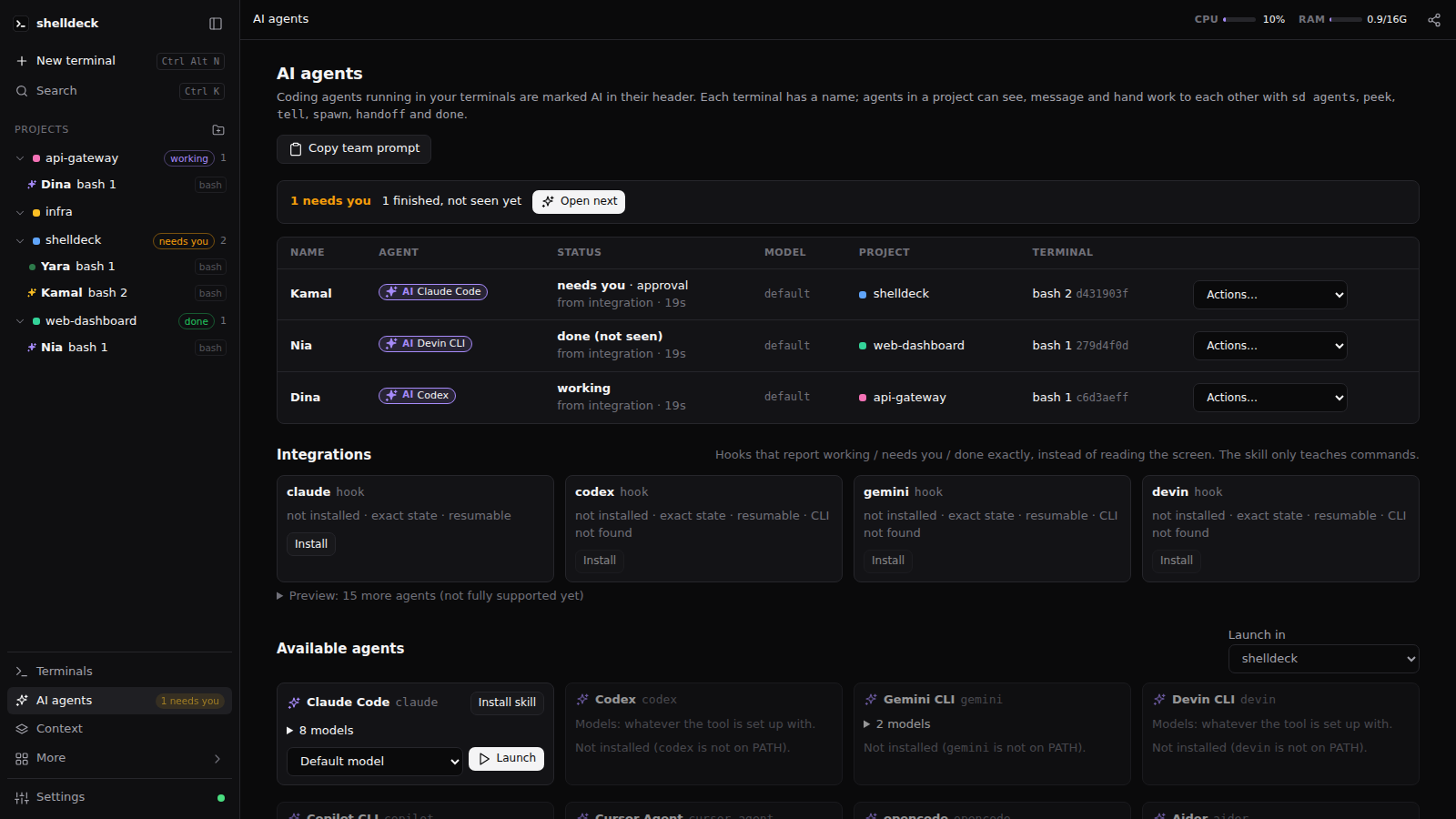 AI agents page: who needs you with Open next, each agent's live status and source, the hook integrations, and the available agent CLIs