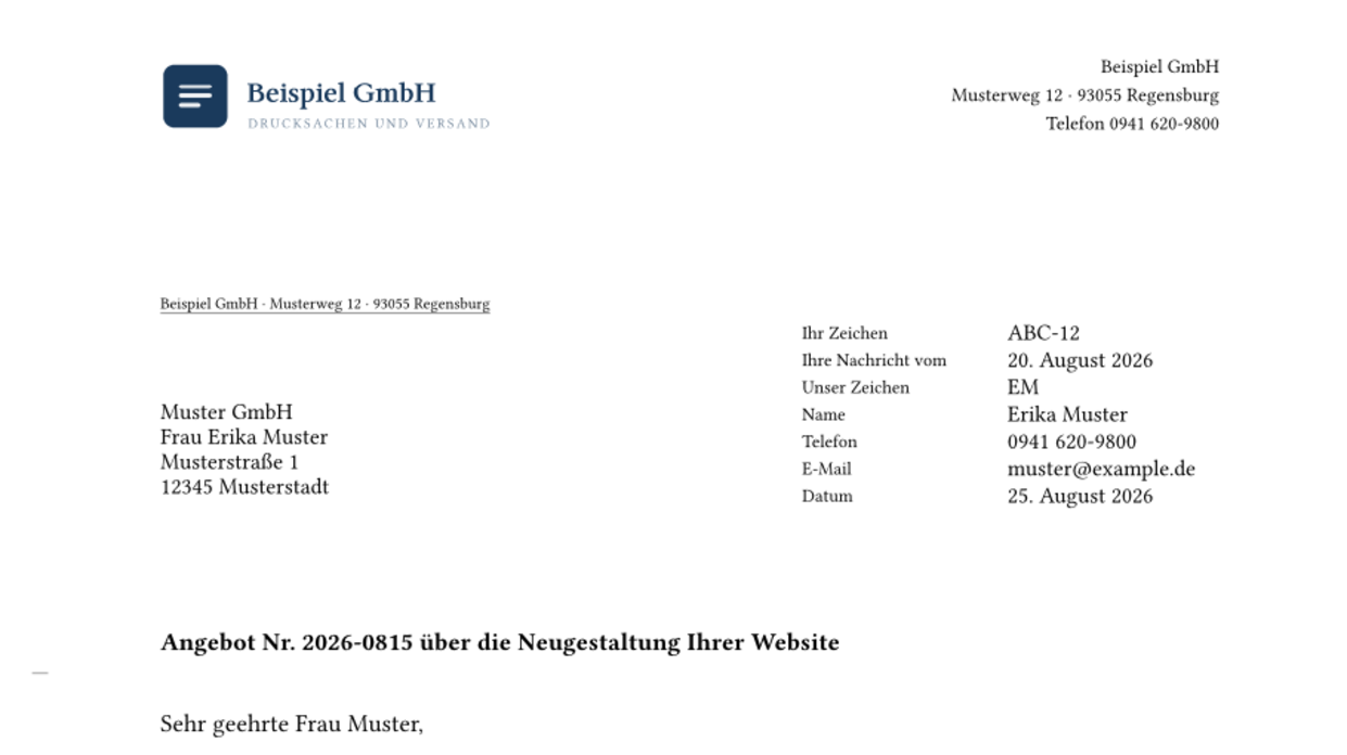 Briefkopf, Anschriftfeld, Informationsblock und Betreff