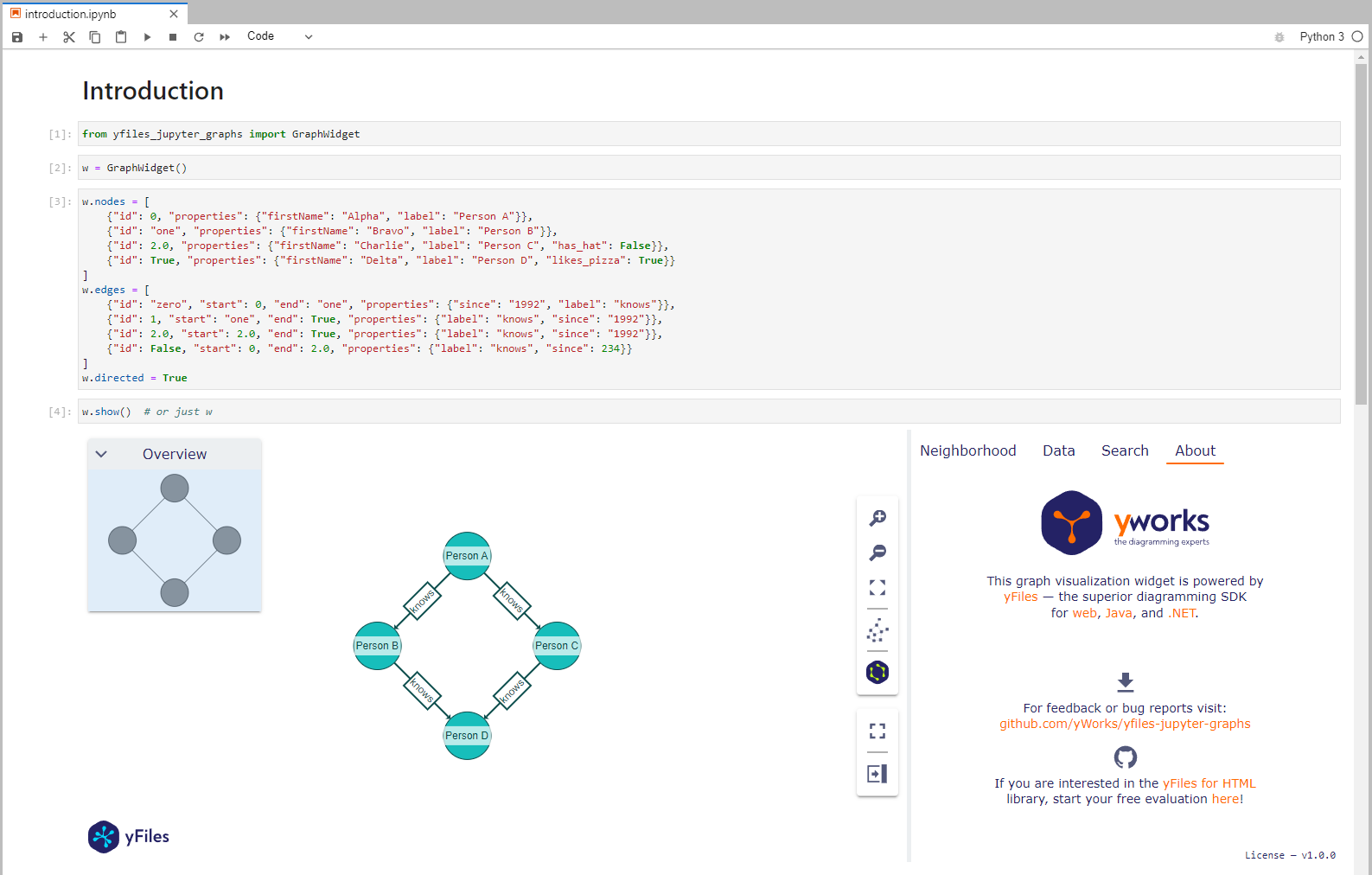 A screenshot showing the yFiles graph widget in a jupyter lab notebook