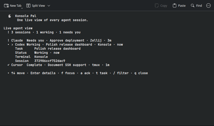 Real Konsole window showing AI agent sessions and direct actions in the unified live view