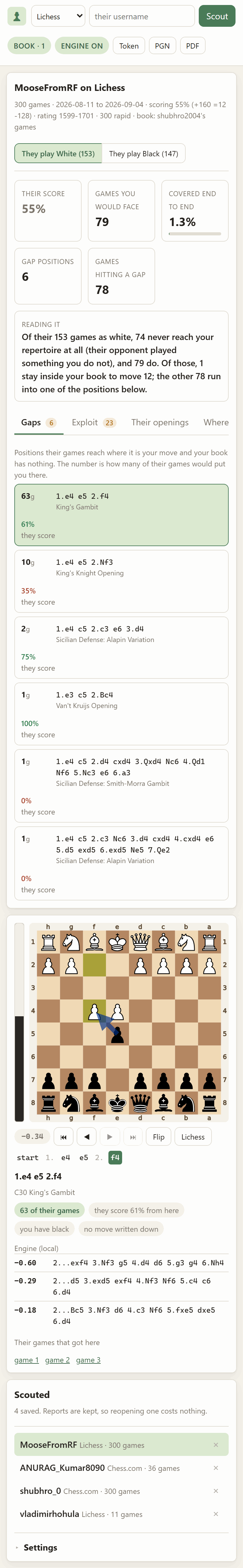 Player Prepper on a phone: a two-row header, the report with its scrolling tab bar, then the board with its eval bar and engine lines, then the scout list and collapsed settings