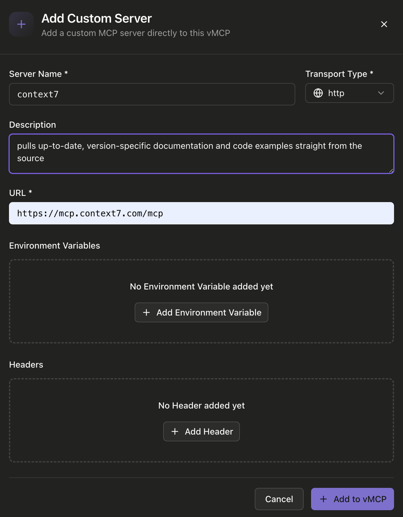 Add Custom MCP Server Dialog
