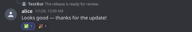 Reply to a bot message with checkmark and celebration reactions