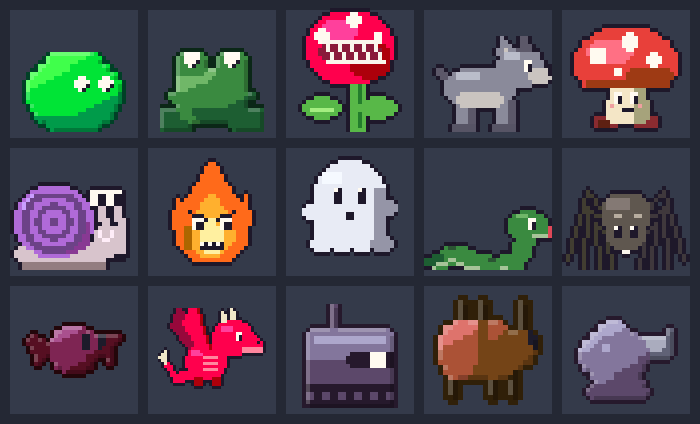 Animated monsters: slime, frog, biting plant, mushroom, snail, flame...