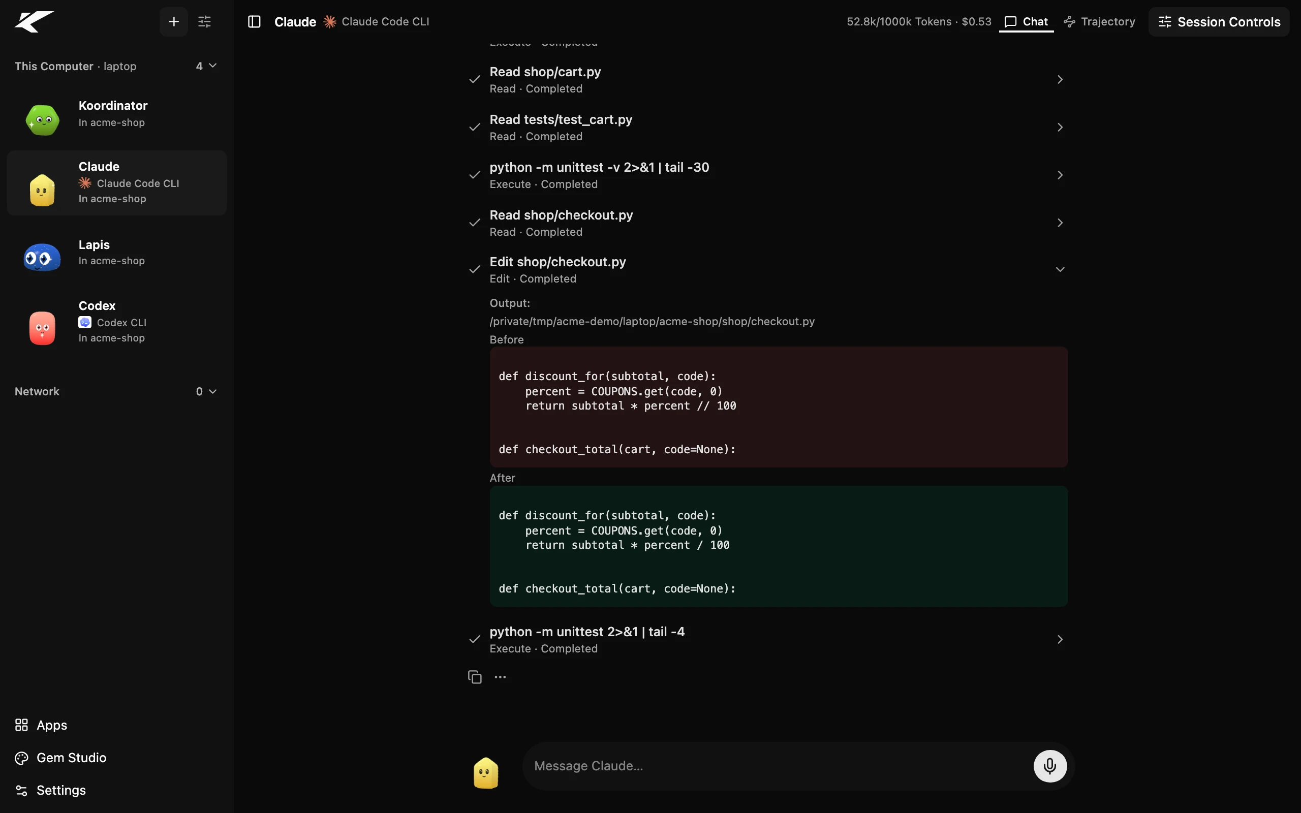 Claude Code as an agent in Kollab's browser UI: its searches, file reads, the edit to shop/checkout.py as a diff, and the test run show as cards.