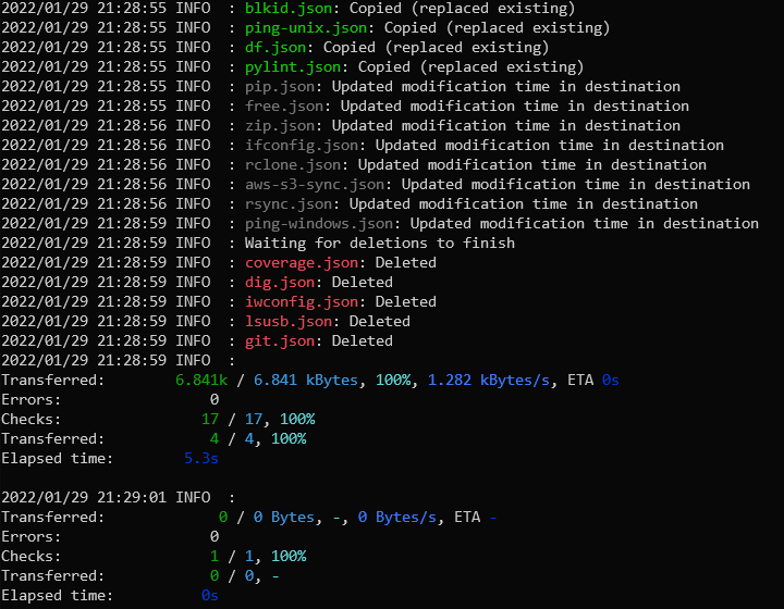 sample colored rclone output